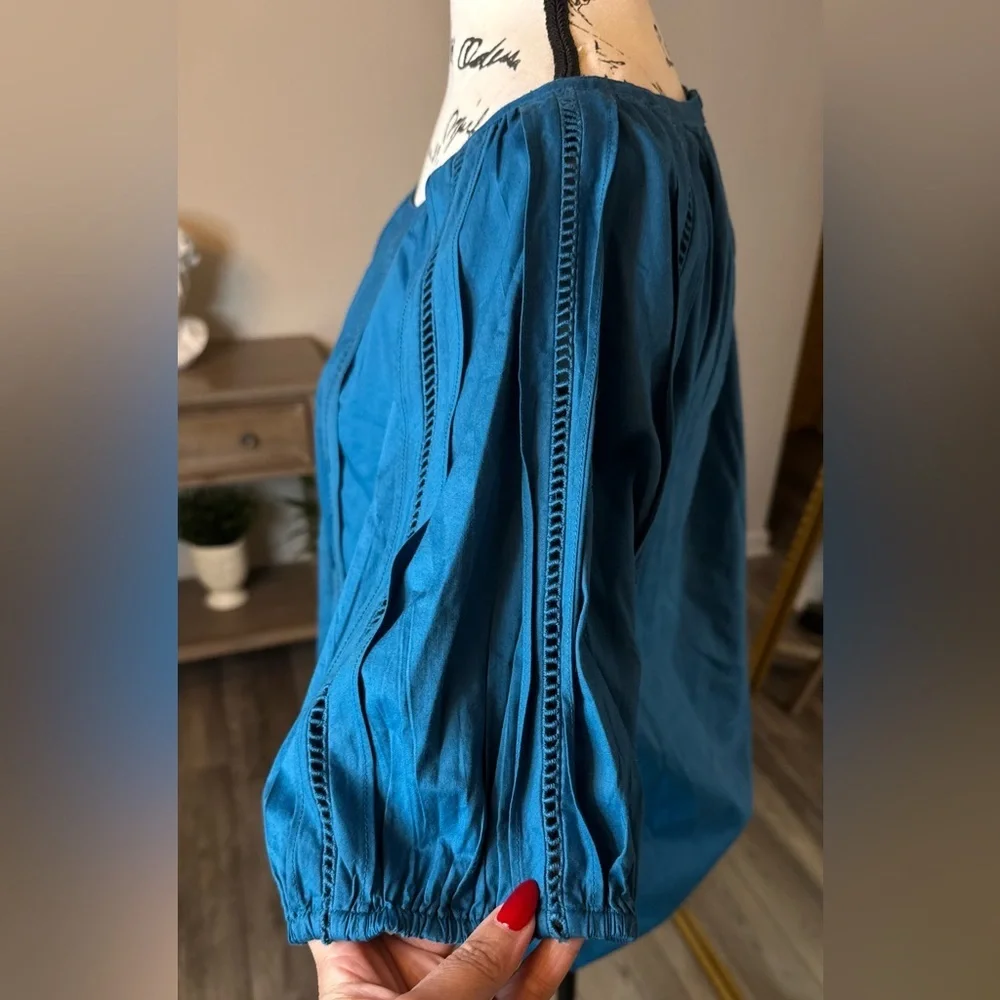 LOFT Teal Short-Sleeve Gathered Peasant Blouse